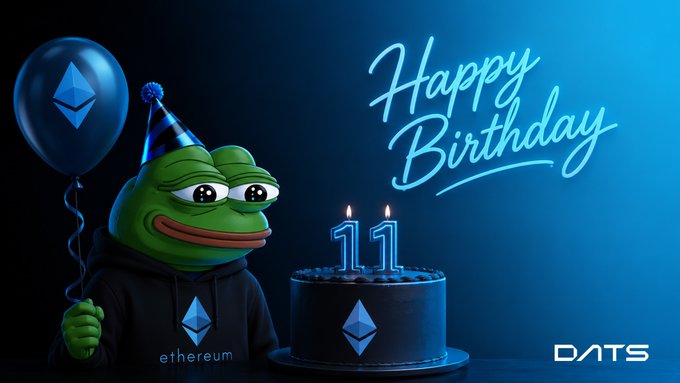 A green Pepe-style frog wearing a party hat and an "ethereum" hoodie holds an Ethereum-branded balloon next to a dark blue birthday cake with lit candles shaped like "11," set against a blue glowing background featuring "Happy Birthday" in script and a "DATS" logo—celebrating Ethereum's 11th anniversary.