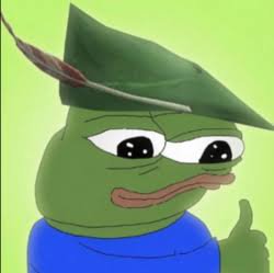 A cartoon Pepe the Frog character wearing a green Robin Hood-style hat with a feather, giving a thumbs-up against a green background.