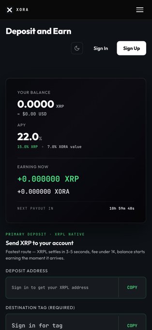 A mobile screenshot of the XORA app showing a "Deposit and Earn" page with zero XRP balance, 22.0% APY, and fields for deposit address and destination tag.