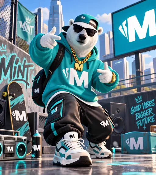 A 3D-rendered anthropomorphic polar bear character wearing a teal and white 'M' branded hoodie, sunglasses, a gold chain, and a cap, posing in a hip-hop themed urban environment with 'Mint' branding and 'Good Vibes Bigger Future' graffiti.
