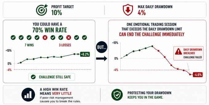 The image illustrates how a prop trading challenge with a 10% profit target and 4% maximum daily drawdown can fail despite a 70% win rate (7 wins, 3 losses, +6.2% return), because a single emotional trading session that breaches the -4% drawdown limit instantly fails the challenge. It emphasizes that protecting drawdown matters more than raw win rate, with the message "Protecting Your Drawdown Keeps You In The Game."