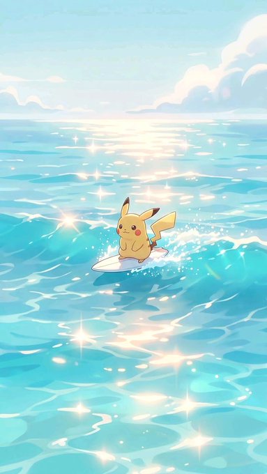 Pikachu surfs across a sparkling turquoise sea under a bright, sunny sky, capturing the cheerful, adventurous spirit of a "gm happy saturday" post with its upbeat, breezy vibe.