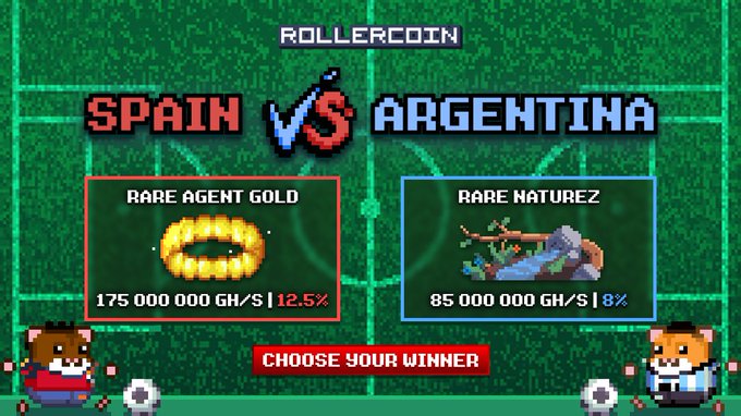 A pixel-art style 'Rollcoin' sports matchup screen showing Spain vs Argentina, with betting options for 'Rare Agent Gold' and 'Rare Naturez' in-game items.