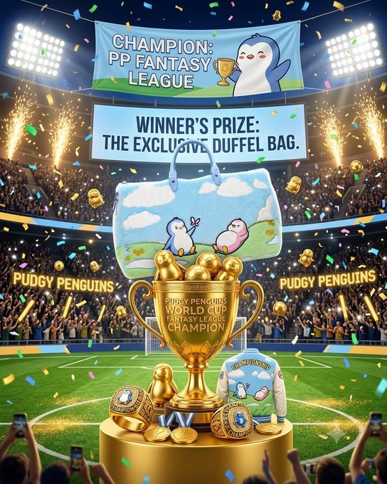 Festive stadium scene celebrating 'PP Fantasy League' with a banner declaring 'Champion: PP Fantasy League' and 'Winner's Prize: The Exclusive Duffel Bag,' featuring a gold 'Pudgy Penguins World Cup Fantasy League Champion' trophy, championship rings, and a duffel bag illustrated with penguins.