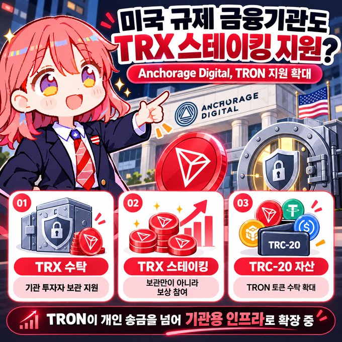An anime-style promotional graphic in Korean about TRX staking support, mentioning 'Anchorage Digital' and 'TRON' support expansion, with sections labeled 'TRX 수탁', 'TRX 스테이킹', and 'TRC-20 자산'.