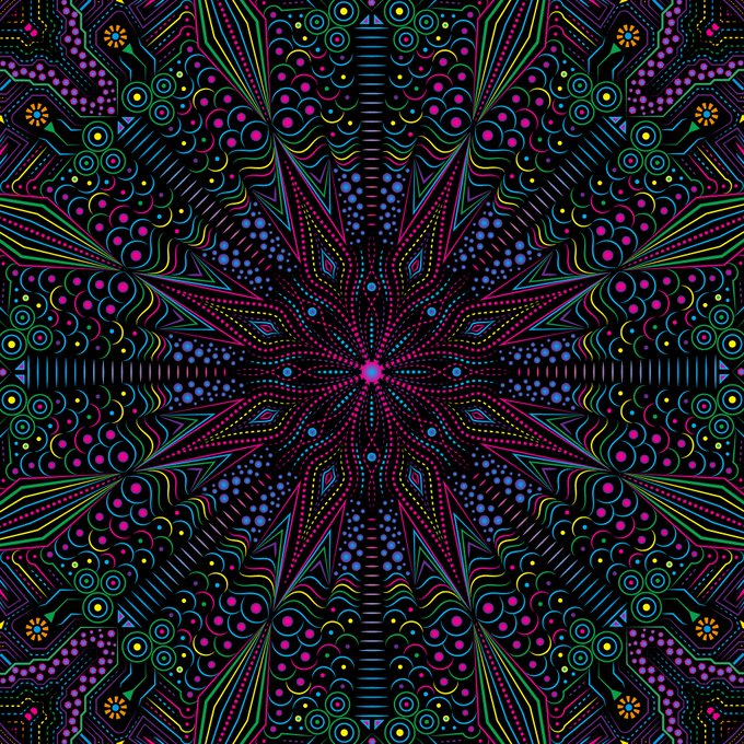 The image features a large, colorful, abstract design with a star shape at its center surrounded by smaller circles of various sizes. The background is black, which contrasts with the vibrant colors of the design elements. The caption below the image reads "GM Happy #tezostuesday #pandagenix #subconsciousprojection #el #el #el #el #el #el #el #el #el #el #el #el #el #el #el #el #el #el #el #el".