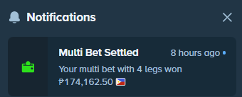 A notification from a betting app shows a "Multi Bet Settled" alert indicating a 4-leg parlay has won, paying out ₱174,162.50 — tying into the post's warning about betting slips and the tongue-in-cheek "rope" for those who didn't win.