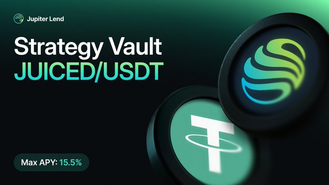 A promotional graphic for Jupiter Lend's Strategy Vault featuring the JUICED/USDT pair, displaying a Max APY of 15.5%. The image highlights two large 3D tokens—the JUICED logo and a Tether (USDT) coin—against a dark gradient background, visually representing the looping strategy described in the post for earning leveraged yield.