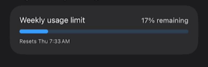 A usage limit indicator displays 'Weekly usage limit' with '17% remaining' and 'Resets Thu 7:33 AM' alongside a partially filled blue progress bar.