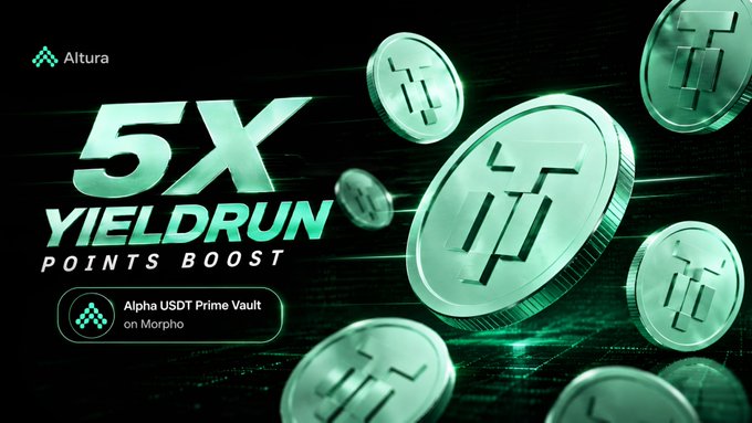 The image shows a group of green coins scattered across a black background with the text "5x YieldRun Points Boost" written above them. The coins are floating in the air, creating an interesting visual effect. The caption below the coins reads "Not every update changes how a vault works. Some change what participants get from being there." This statement is related to the image as it suggests that the coins might have some sort of unique feature or characteristic that sets them apart from traditional coins and could potentially impact their value in the lending market.