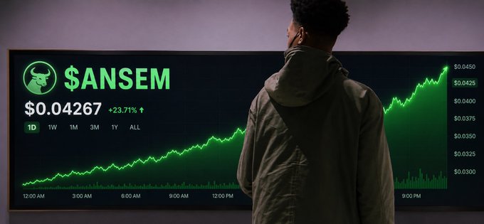A young man stands with his back turned, gazing at a large digital display showing the $ANSEM cryptocurrency chart, which reads $0.04267 with a +23.71% gain on the 1D timeframe. The chart's upward trajectory visually reinforces the post's optimistic claim that the token is positioned for further significant growth.