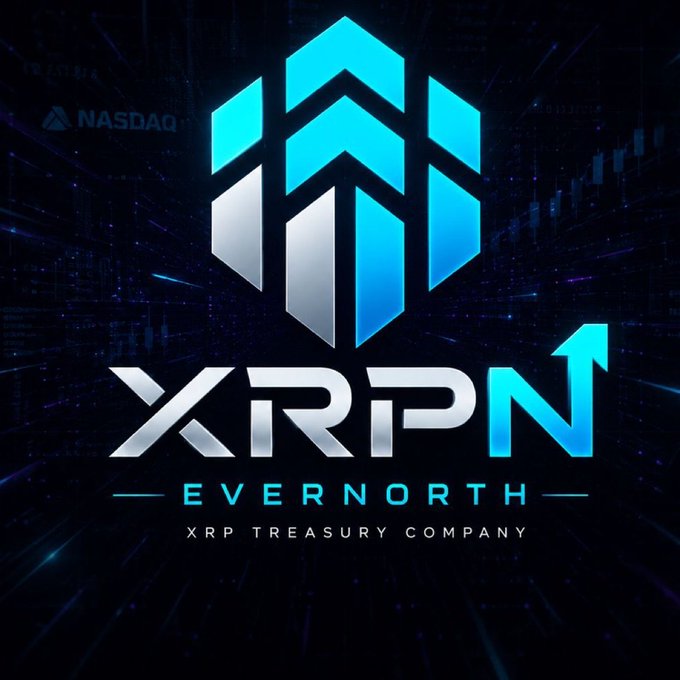A digital graphic for "XRPN EVERNORTH XRP TREASURY COMPANY" featuring a geometric logo with an upward arrow, set against a dark background with a NASDAQ watermark.