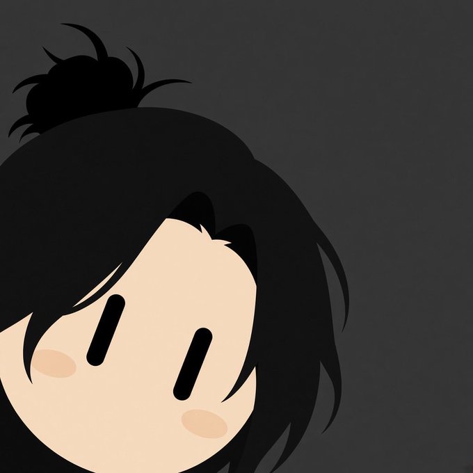 A simple cartoon illustration of a girl's face with black hair in a bun, black vertical line eyes, and pink blushing cheeks against a dark gray background.