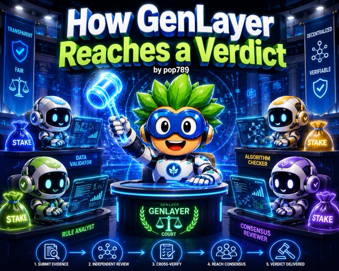 Colorful cartoon-style infographic titled 'How GenLayer Reaches a Verdict by pop789' showing a green-haired character with a gavel in a 'GenLayer Court' surrounded by robot helpers representing roles like Data Validator, Rule Analyst, Algorithm Checker, and Consensus Reviewer.