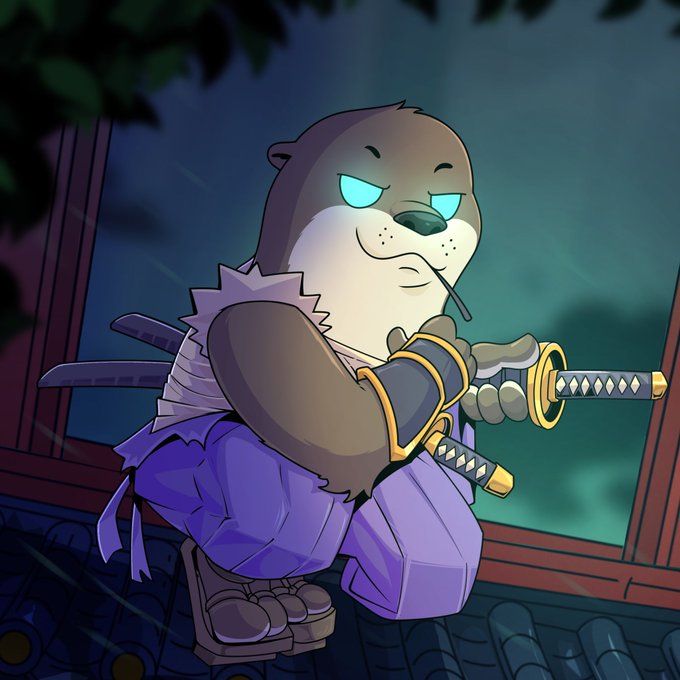An otter samurai crouches on a rooftop with glowing blue eyes, holding a katana in a ready stance, evoking the "READY?" battle cry from the post, which introduces the $RAFT token launch on a meme-integrated launchpad boasting $10M in trading volume.