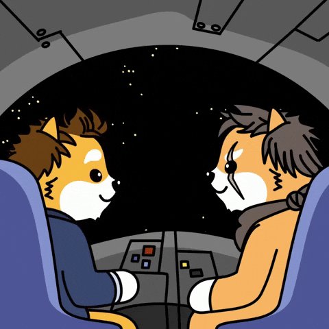The image features two cartoon dogs sitting next to each other, both wearing pilot hats and looking at a third dog who appears to be an alien from another planet. The dogs are positioned behind a control panel with buttons and switches, suggesting that they might be aboard a spaceship or a vehicle traveling through space. The caption "Martians gatekeeping warp speed tech" is related to the post about the dogs being on a spaceship, indicating that it's likely a humorous or fantastical scene involving the dogs as pilots in an alternate universe where humans are not present.
