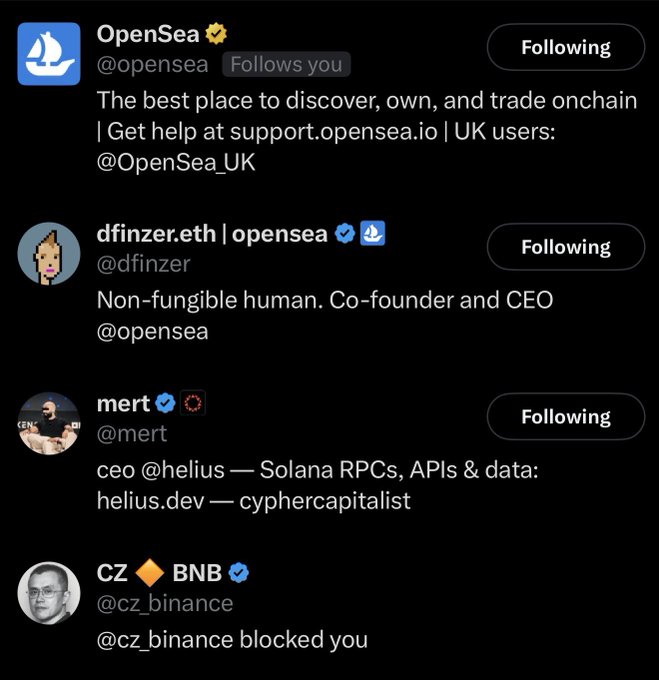 The image shows a Twitter "Following" list featuring accounts like @opensea, @dfinzer (OpenSea CEO), @mert (Helius CEO), and @cz_binance with the note "@cz_binance blocked you." This relates to the caption by demonstrating the user's "mutuals and blocks," highlighting @opensea as a mutual follow while showing that even CZ/Binance has blocked them—poking fun at the early-stage account @BlnkINC's modest 104 followers in contrast to high-profile crypto figures.
