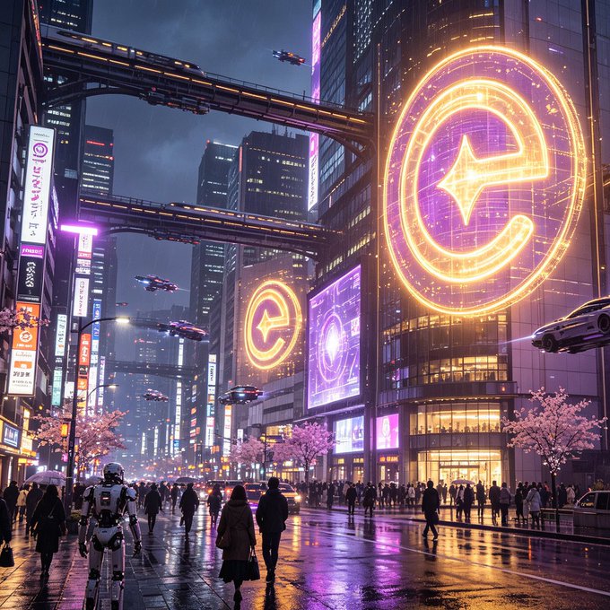 A vibrant cyberpunk-style cityscape at night featuring large neon cryptocurrency-style logos on buildings, cherry blossoms, and futuristic flying vehicles.