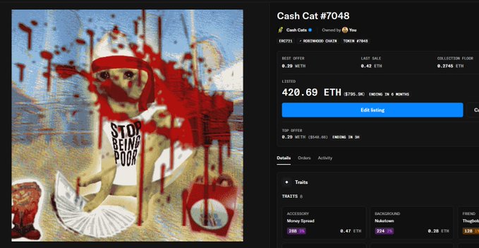 An NFT listing for "Cash Cat #7048" displays a price of 420.69 ETH, featuring artwork of a cat in a red helmet and a "STOP BEING POOR" shirt, illustrating a high-value listing that corresponds to the post's claim of fixing a previously low price.