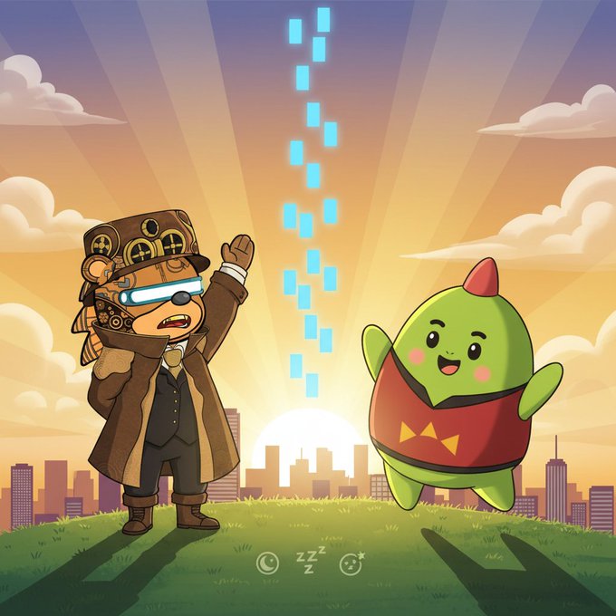 The image features two cartoon characters, a man dressed as a steampunk character with a brown coat and goggles, and a green alien wearing a red shirt and hat. The man is waving at the alien while standing on top of a hill or grassy field, which has buildings in the background. The caption below the image reads "Gm fam Woke up ready to crush the day All because of quality rest @sleepagotchi got me hooked on good sleep This dino knows Whats up Health intelligence on chain Real alpha in wellness Ditching the bad habits Building consistency one night at a time Sleep is the real".