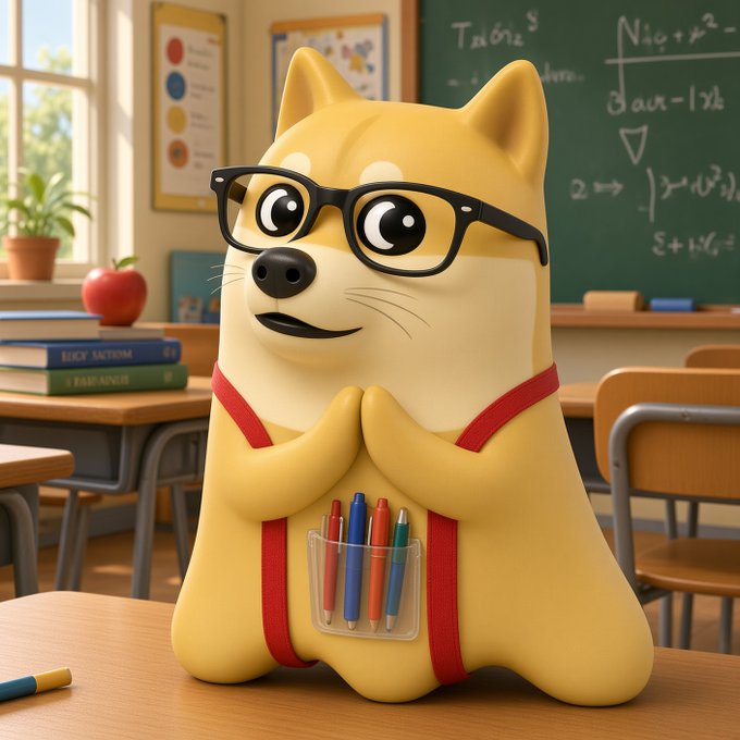 A 3D-rendered Shiba Inu character wearing black glasses and a red strap holds a pouch of colored pencils in a classroom setting with a chalkboard in the background.