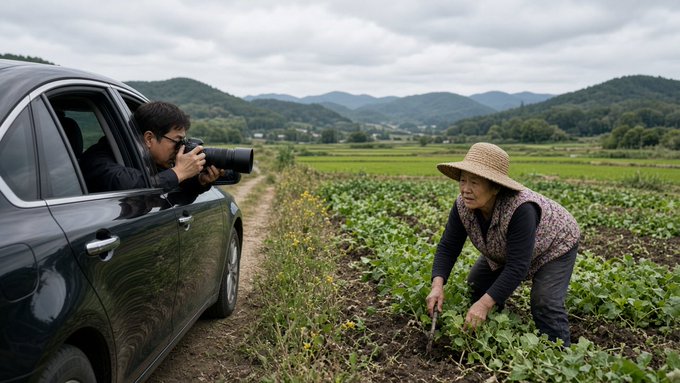 A photographer leans out of a car to capture an image of an elderly farmer working in a rural field with mountains in the background, illustrating the kind of farmland that has become subject to dramatically increased reporting rewards in South Korea.