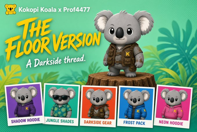 A promotional graphic titled "The Floor Version - A Darkside thread" by Kokopi Koala x Prof4477 features a 3D-rendered koala character in Darkside Gear standing on a tree stump, with five collectible variants displayed below: Shadow Hoodie, Jungle Shades, Darkside Gear, Frost Pack, and Neon Hoodie.

The image connects to the post by showcasing the foundational Kokopi Koala character and its evolving trait variants, mirroring the post's themes of origin, belonging, and the Grove's growing community.
