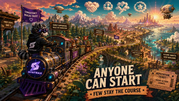 Fantasy-style illustration featuring a raccoon character driving a SYNTRAX-branded steam train through a vibrant landscape, with text banners reading 'CONSISTENCY BUILDS TRUST', 'EARLY SUPPORTERS BUILD THE FOUNDATION', and 'ANYONE CAN START - FEW STAY THE COURSE'.