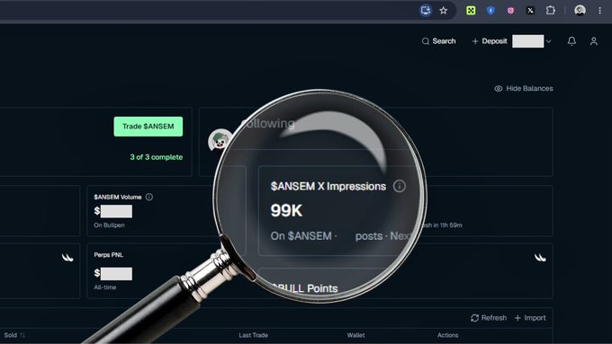 The image shows a magnified view of a crypto trading dashboard highlighting "$ANSEM X Impressions 99K" with a "Trade $ANSEM" button visible in the background. This relates to the post's claim of hitting "100K impressions on $ANSEM," with the dashboard's 99K metric serving as visual evidence of nearly reaching that milestone.