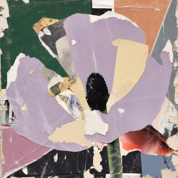 A collage-style artwork featuring a torn paper poppy with lavender petals and a dark center is layered over a backdrop of green, peach, and other muted colored fragments, evoking a sense of organic decay and renewal that mirrors the artist duo's philosophy of growth, accumulation, and utility through their seeds-based dashboard system at fragmentsgrowth.com.