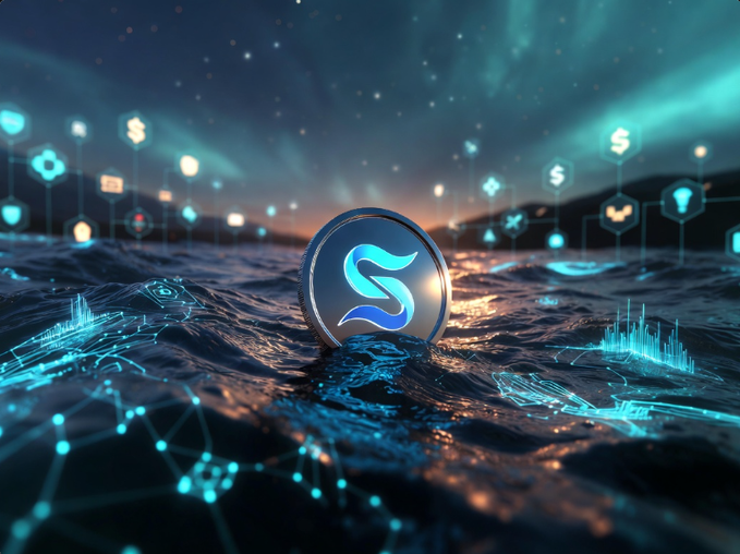 In this digital illustration, a coin or token with a blue "S" sits floating atop a body of water under a dark sky filled with stars. The backdrop features lines representing interconnected networks, giving an impression of a complex web of financial transactions, perhaps related to crypto trading. The image captures the stillness of the surface where the S represents and how it relates to the post about the cryptocurrency market clarity in terms of calm periods of consolidation or quiet stretches of market activity. Focus on this connection between the coin/token and the market analysis being discussed.
