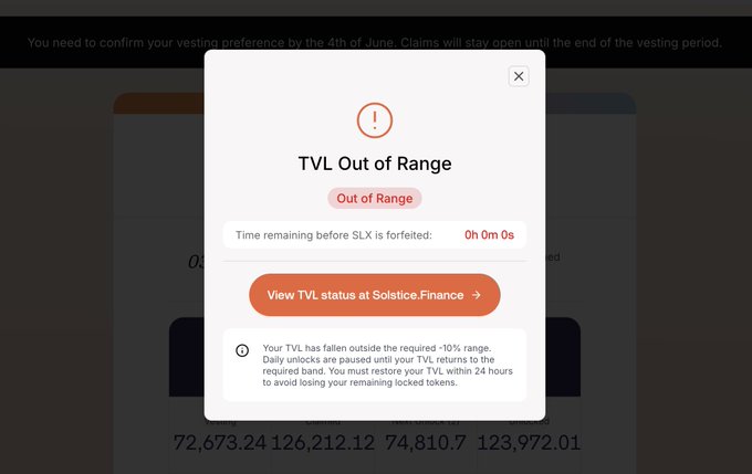 A Solstice Finance interface displays a "TVL Out of Range" warning alert, indicating 0h 0m 0s remaining before SLX tokens are forfeited, with a notice stating the TVL has fallen below the required -10% range and locked tokens will be lost unless restored within 24 hours. This relates to the post by showing the exact warning screen a user encountered after being drained, illustrating the 24-hour deadline pressure they faced to reinstate their airdrop claims.