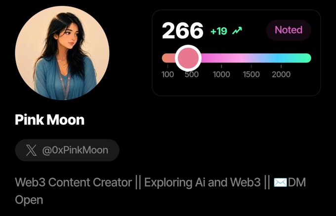 A profile card for 'Pink Moon' (@0xPinkMoon) featuring an illustrated avatar of a dark-haired woman, described as a Web3 Content Creator exploring AI and Web3, with a follower score of 266 and +19 growth.