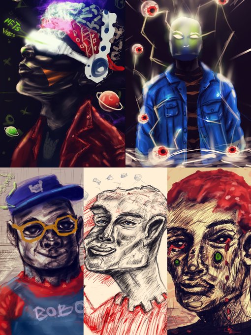 A collage of five artistic digital illustrations featuring stylized portrait figures, including a person with neon graffiti, a masked figure with glowing orbs, a character with yellow sunglasses, a sketch of a smiling face, and a figure with red hair and green eyes.