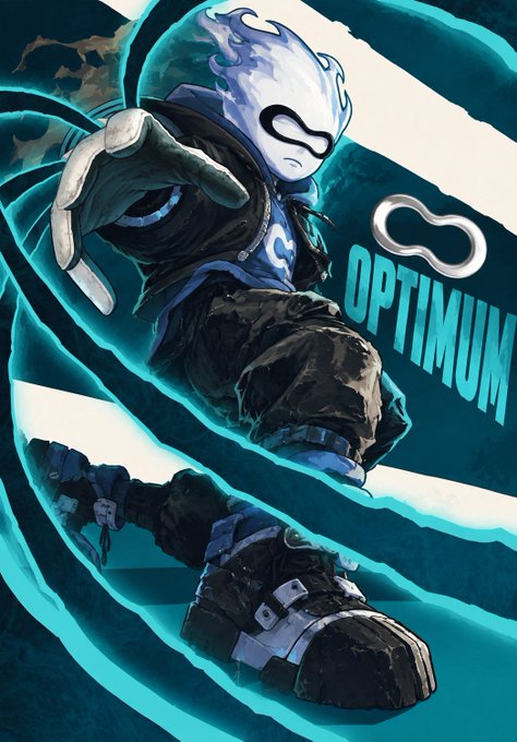 An illustration of an anime-style character with white flame-like hair and an infinity symbol mask, wearing dark clothing with cyan energy effects, labeled 'OPTIMUM'.