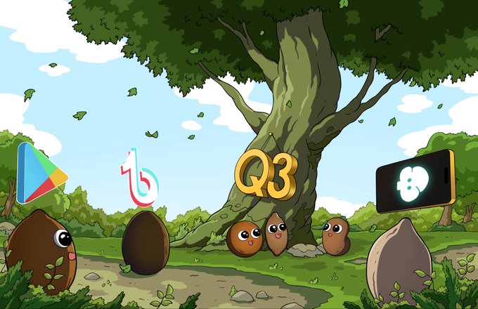 An illustrated scene with cartoon characters, mascots for Google Play, TikTok, and a skull logo, along with 'Q3' text, set in a forest clearing with a large tree.