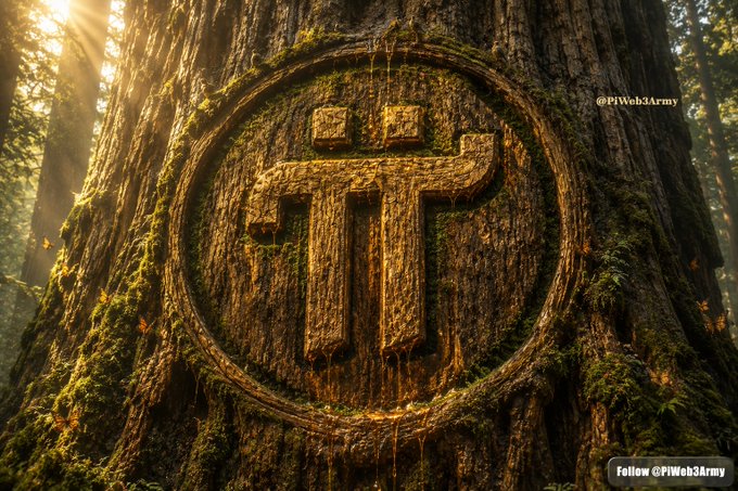 A digitally rendered image of a Pi cryptocurrency logo carved into a massive, moss-covered tree trunk in a sunlit forest, watermarked '@PiWeb3Army'.