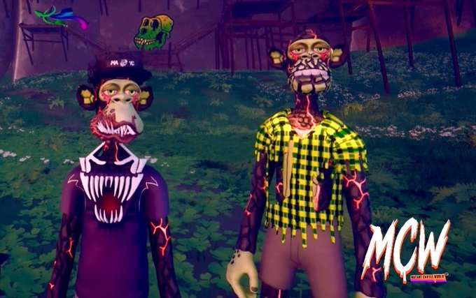 Two stylized, mutated monkey characters from the Mutant Cartel World series (logo 'MCW' in the corner) standing in a grassy area, one in a purple suit and the other in a yellow plaid shirt.