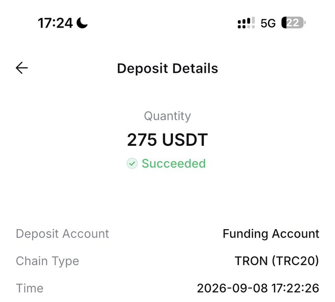 A screenshot of a "Deposit Details" page showing a successful 275 USDT deposit to a Funding Account via the TRON (TRC20) chain on September 8, 2026, serving as proof of a recent web3 payment received.