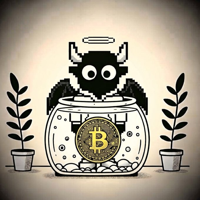 A pixel-art illustration of a black devil character with horns and a halo sitting behind a fishbowl containing a Bitcoin coin, flanked by two potted plants.