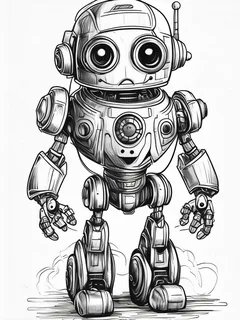 A black and white pencil-style illustration depicts a cute, wide-eyed retro robot character with a rounded body, an antenna, and wheels for feet, accompanied by small wisps of steam or smoke.