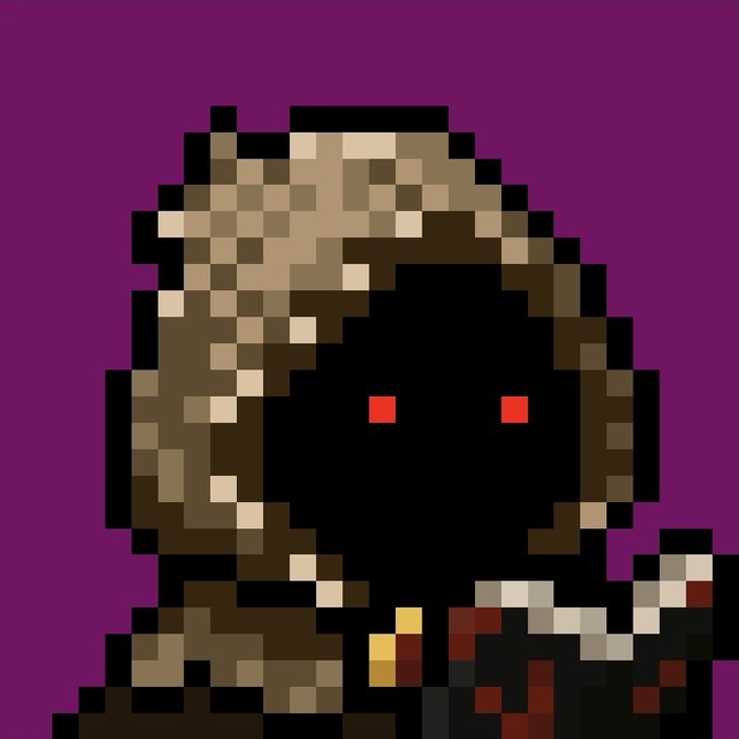 A pixel art illustration shows a hooded figure with glowing red eyes on a purple background, giving off a dark, ominous vibe that humorously underscores the poster's casual dismissal of their Mancer NFT sale—not exactly a "galaxy-brain move," just a no-fan exit.