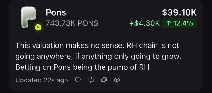 A crypto tracking card displays the $PONS token at a $39.10K valuation (+12.4%, gaining $4.30K) with 743.73K PONS supply, accompanied by a bullish comment predicting RH chain growth. The post supports this sentiment by highlighting that annual revenue of ~$56M generates $45M in buyback pressure against a token with just $38M market cap.