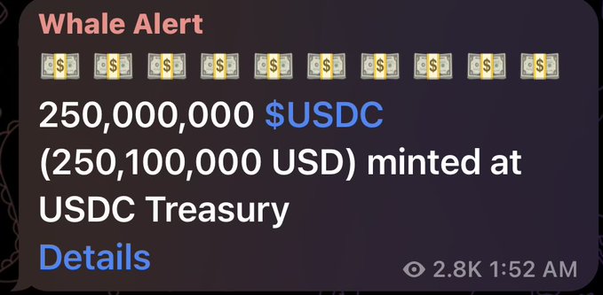 A "Whale Alert" notification reports that 250,000,000 $USDC (valued at $250,100,000 USD) was newly minted at the USDC Treasury. This aligns with the post indicating another $250 million USDC issuance on Solana, signaling fresh stablecoin liquidity entering circulation.
