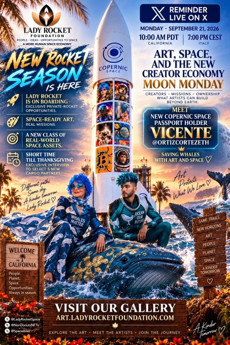 A promotional poster for Lady Rocket Foundation featuring a rocket, whales, and text: "NEW ROCKET SEASON IS HERE", "ART, SPACE, AND THE NEW CREATOR ECONOMY MOON MONDAY", and details for a livestream on X with Vicente @ortizcorzero