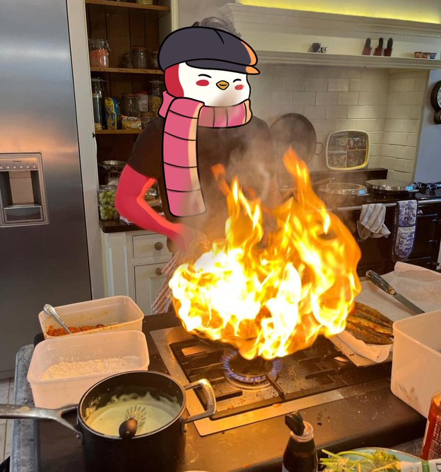 A cartoon penguin wearing a beret and pink scarf oversees a flaming wok on a stovetop in a busy kitchen, visually capturing the chaotic, high-energy "cooking" of creative campaigns mentioned in the post about Pudgy Penguins' intense, exciting marketing work.