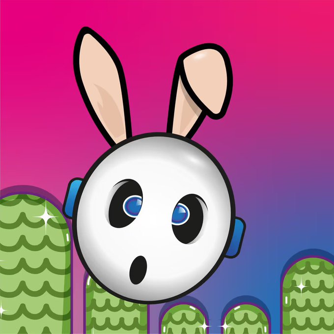 A round white character with bunny ears and blue headphones displays a surprised expression against a pink and purple gradient background with green hills.