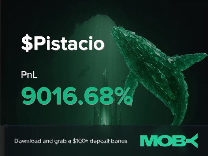 The promotional graphic for Moby Mobile highlights a stunning $Pistacio trade with a PnL of 9016.68%, set against an underwater scene featuring a green whale. The banner invites viewers to download the app and claim a $100+ deposit bonus, celebrating the trader's massive win.
