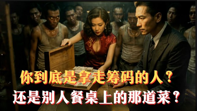 A scene showing a woman in a red dress opening a wooden box of money, surrounded by men, with Chinese text overlaid at the bottom: "你到底是拿走筹码的人？还是别人餐桌上的那道菜？".
