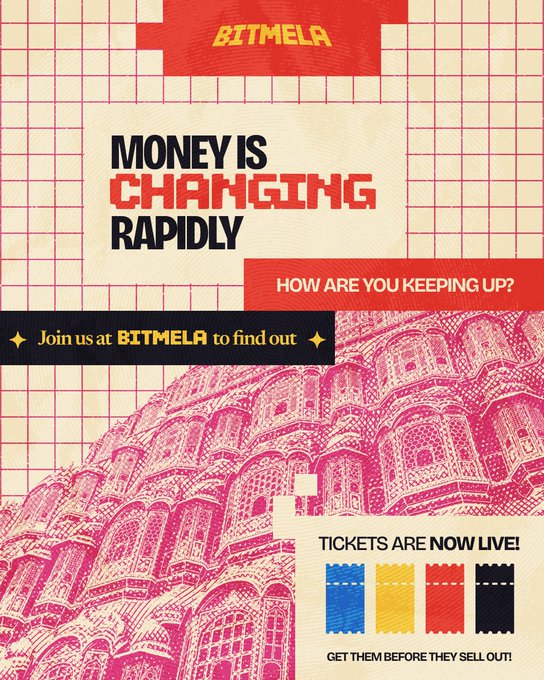 A promotional poster for 'BITMELA' featuring a red and cream grid design and the Colosseum, with text reading 'MONEY IS CHANGING RAPIDLY' and announcing that tickets are now live.